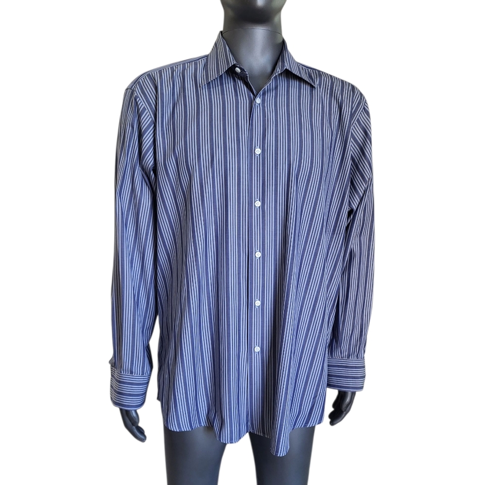 114B. Luciano Barbera Navy Striped Dress Shirt - Size XL
